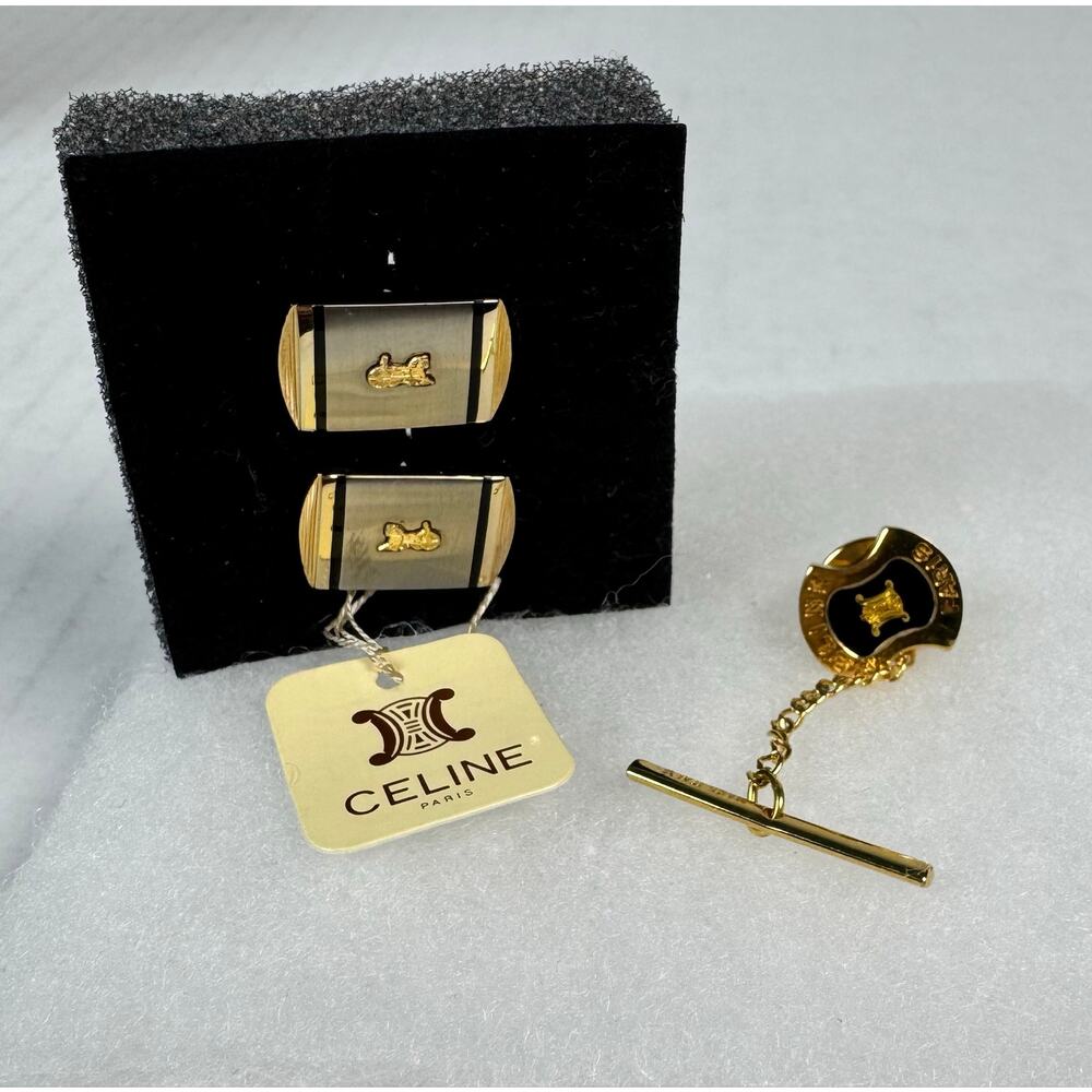 Vintage Celine Paris Gold Tone Cufflinks & Tie Tack Set France